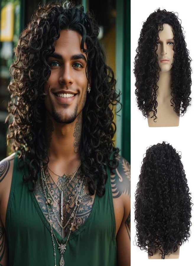 Dsimeig Long Curly Black Wigs for Men Halloween Costume Party Wig - Image 1